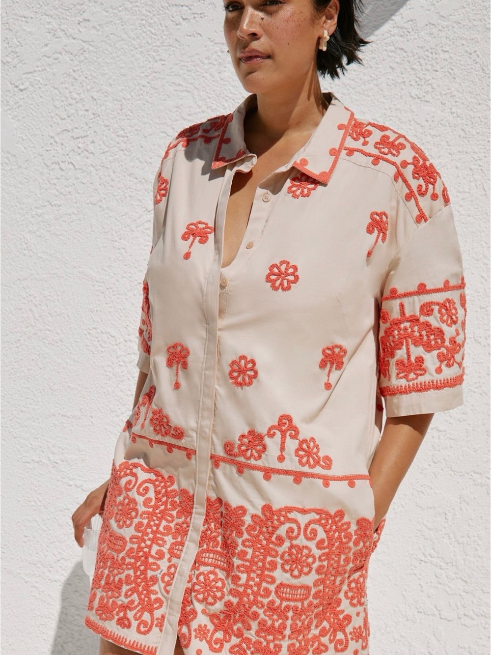 Anthropologie Beige Mini Dress with Coral Embroidery - Picture 3 of 6